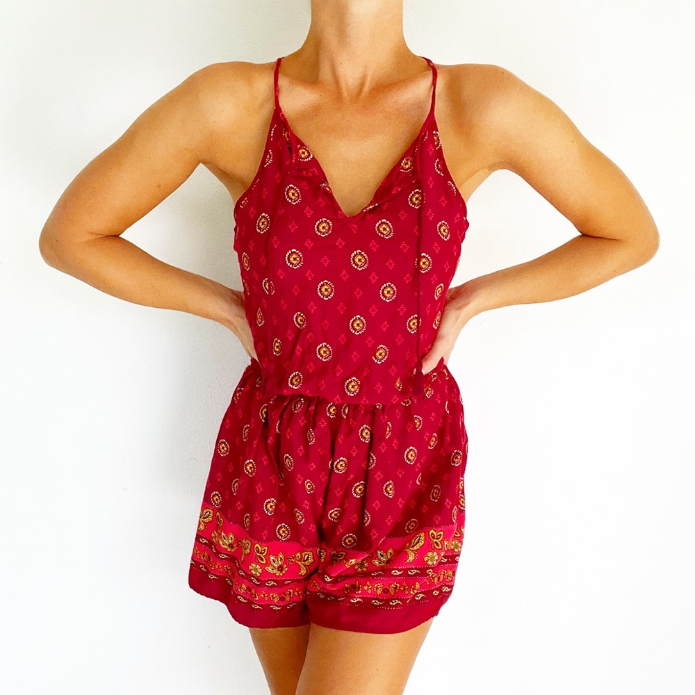 Hollister red boho paisley print tassel romper size small